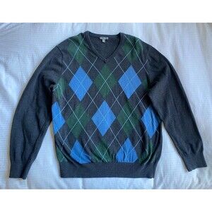 Vintage 2009 Gap Argyle  V-Neck Sweater Preppy Dad College Grey Blue Green XL